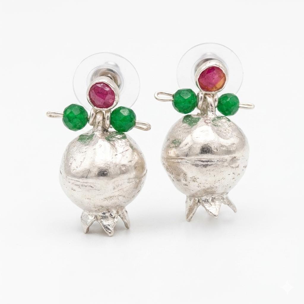 Pomegranate Earrings: Green Agate & Ruby Jade, Silver Plated Boho Chandelier Earrings