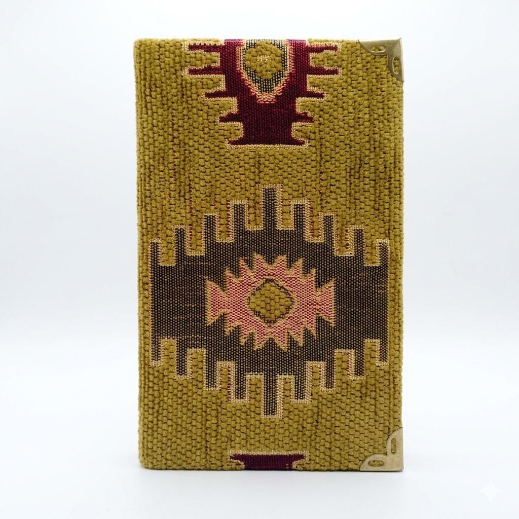 Ikat Turkish Rug Chenille Fabric Notebook, Brass Corners