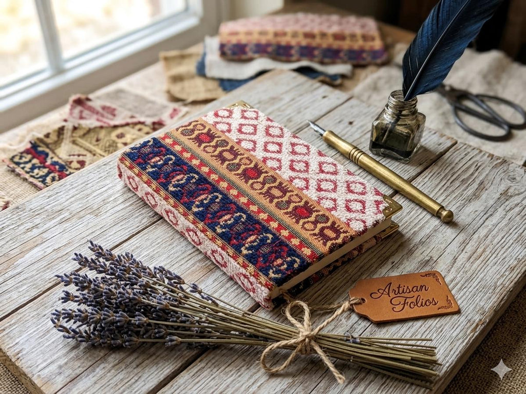 Turkish Kilim Fabric Notebook – Brass Corners, Lined Journal for Writers, Travelers