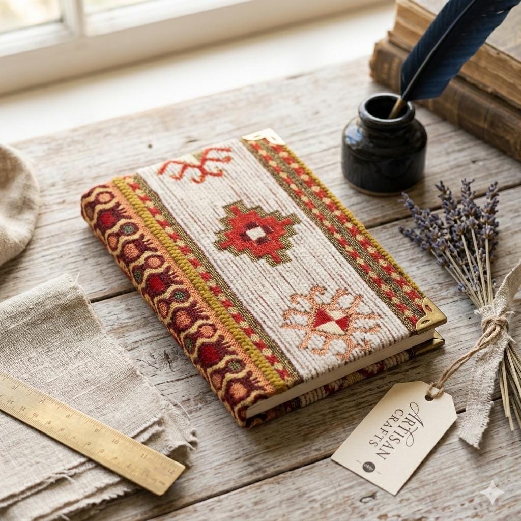 Turkish Rug Design Pocket Journal, Kilim Woven Fabric Notepad