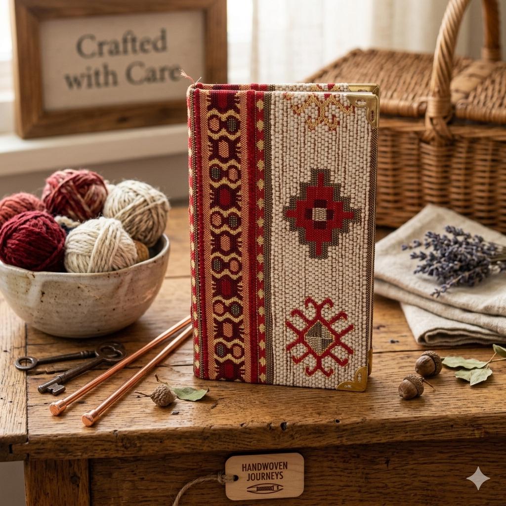 Turkish Ikat Notebook: Red Aztec Design, Brass Corners, Lined Velvet Fabric (9x14cm)
