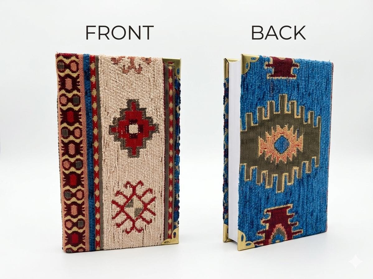 Turkish Chenille Notebook – Aztec Kilim Design, Brass Corners, Lined Journal