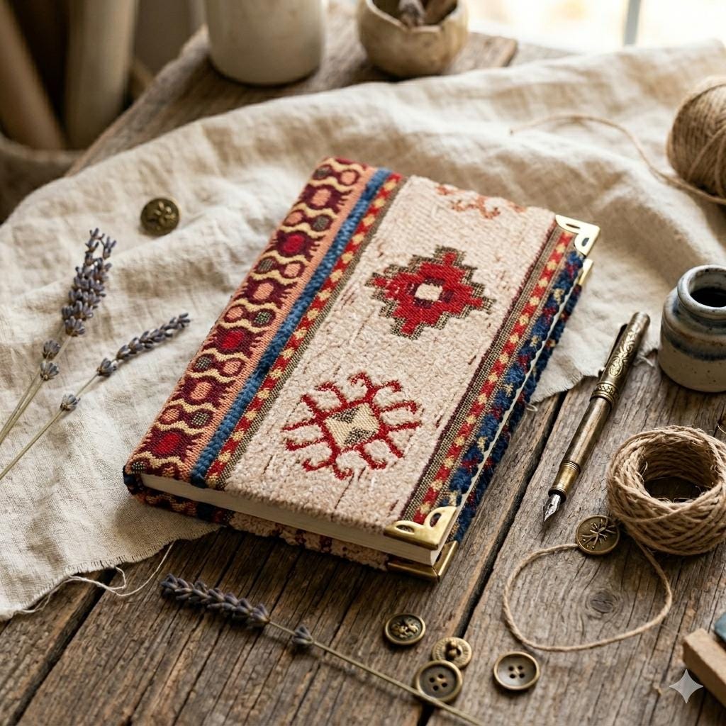 Turkish Chenille Notebook – Aztec Kilim Design, Brass Corners, Lined Journal