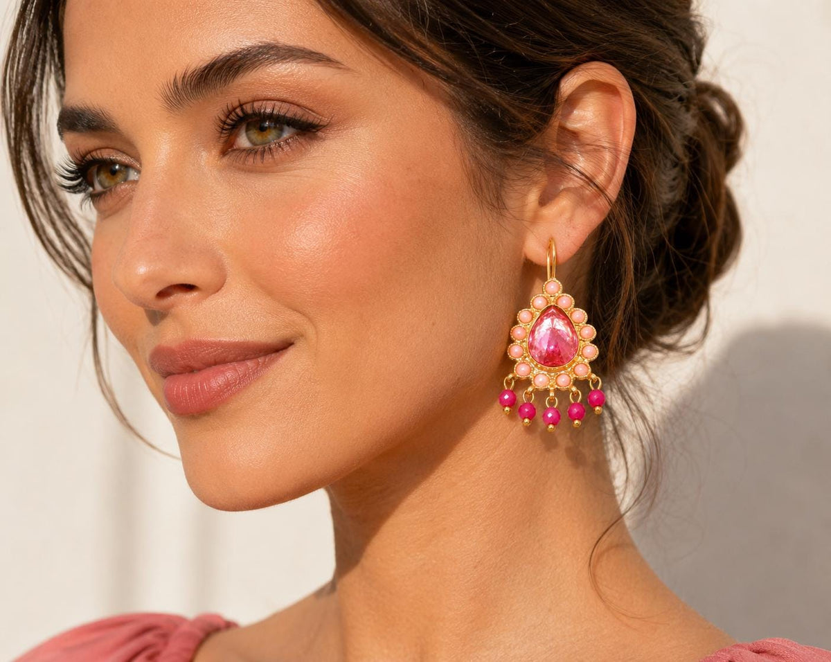 Gold Plated Pink Topaz Teardrop Earrings: Coral Agate Dangle Boho Chic Ottoman Style