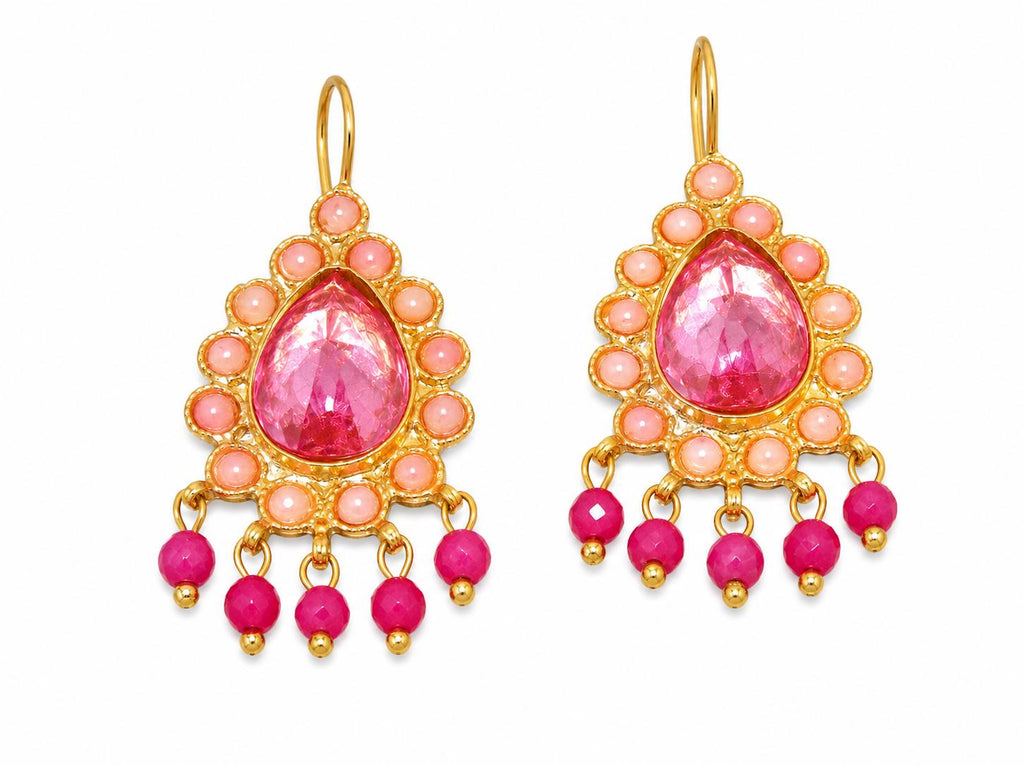 Gold Plated Pink Topaz Teardrop Earrings: Coral Agate Dangle Boho Chic Ottoman Style