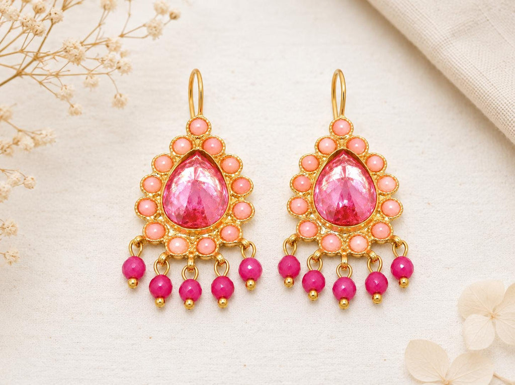 Gold Plated Pink Topaz Teardrop Earrings: Coral Agate Dangle Boho Chic Ottoman Style