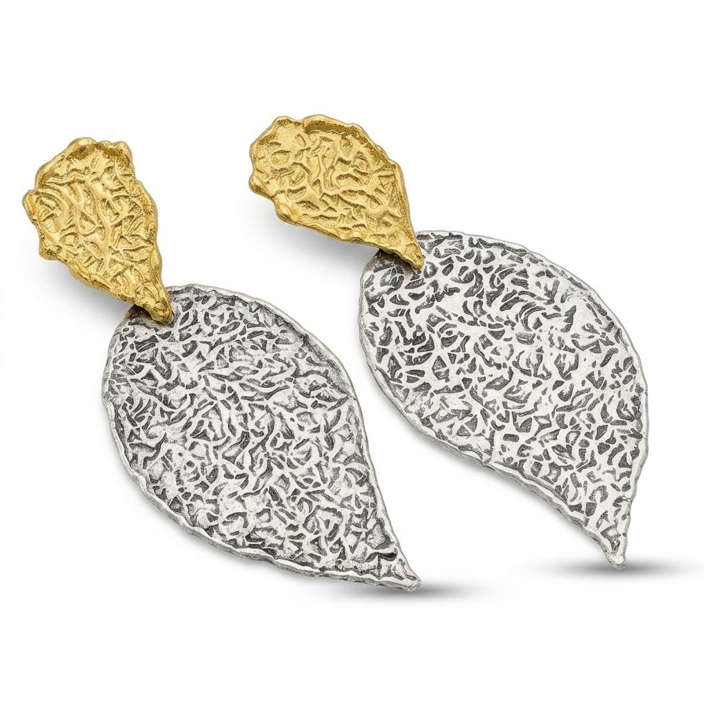 Matte Gold & Silver Leaf Earrings, Mixed Metal Turkish Dangles, Bold Two-Tone Statement Earrings
