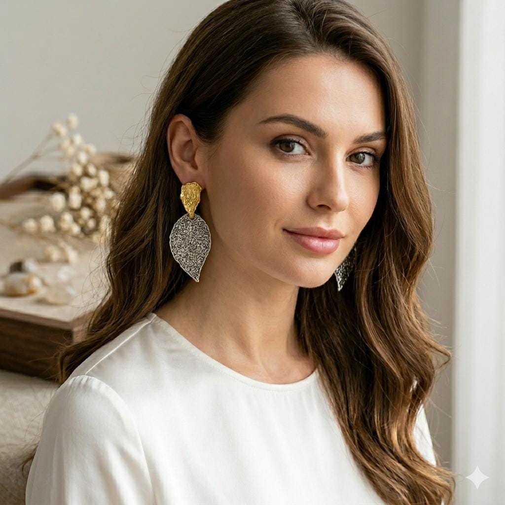 Matte Gold & Silver Leaf Earrings, Mixed Metal Turkish Dangles, Bold Two-Tone Statement Earrings