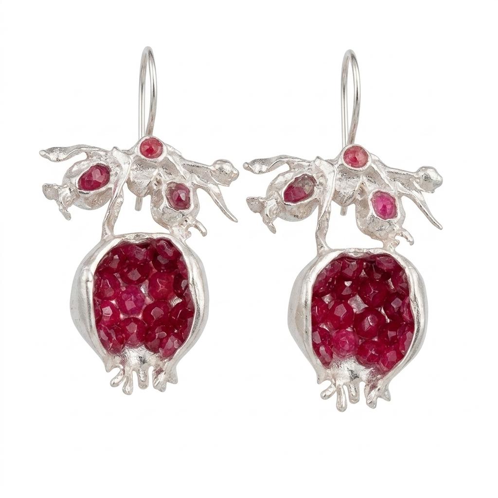 Pomegranate Earrings, Ruby Jade, Silver Plated, Boho Tribal Earrings