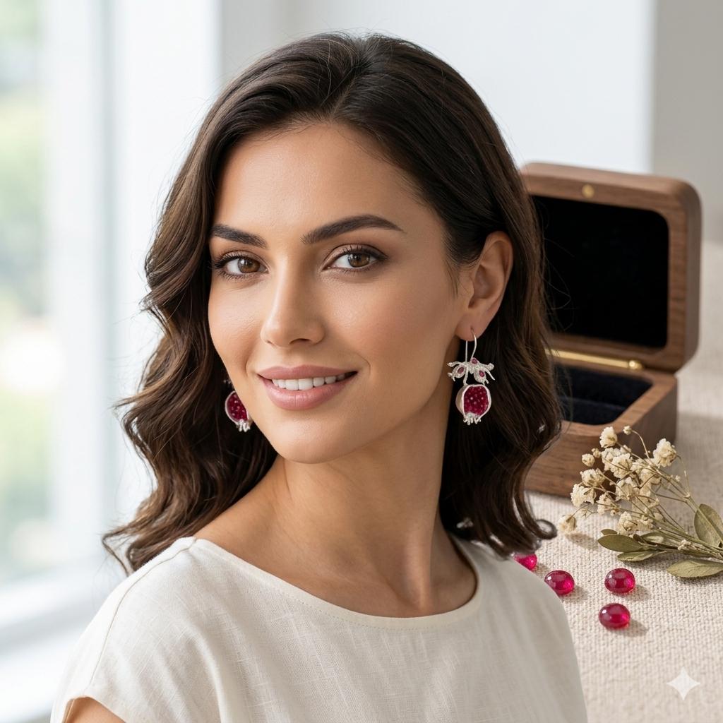 Pomegranate Earrings, Ruby Jade, Silver Plated, Boho Tribal Earrings