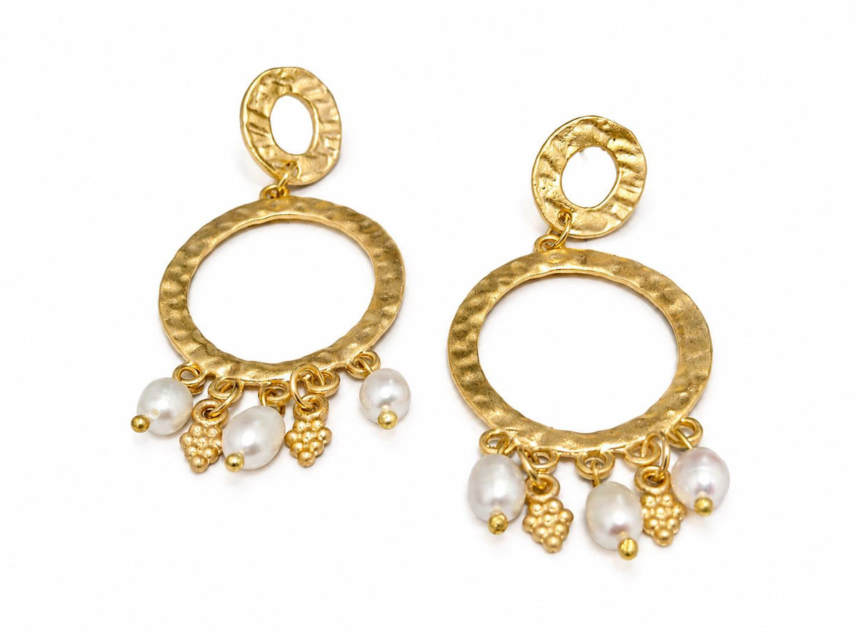 Handcrafted Turkish Hoop Pearl Earrings, Gold Plated Brass Studs, Hypoallergenic Daily Wear