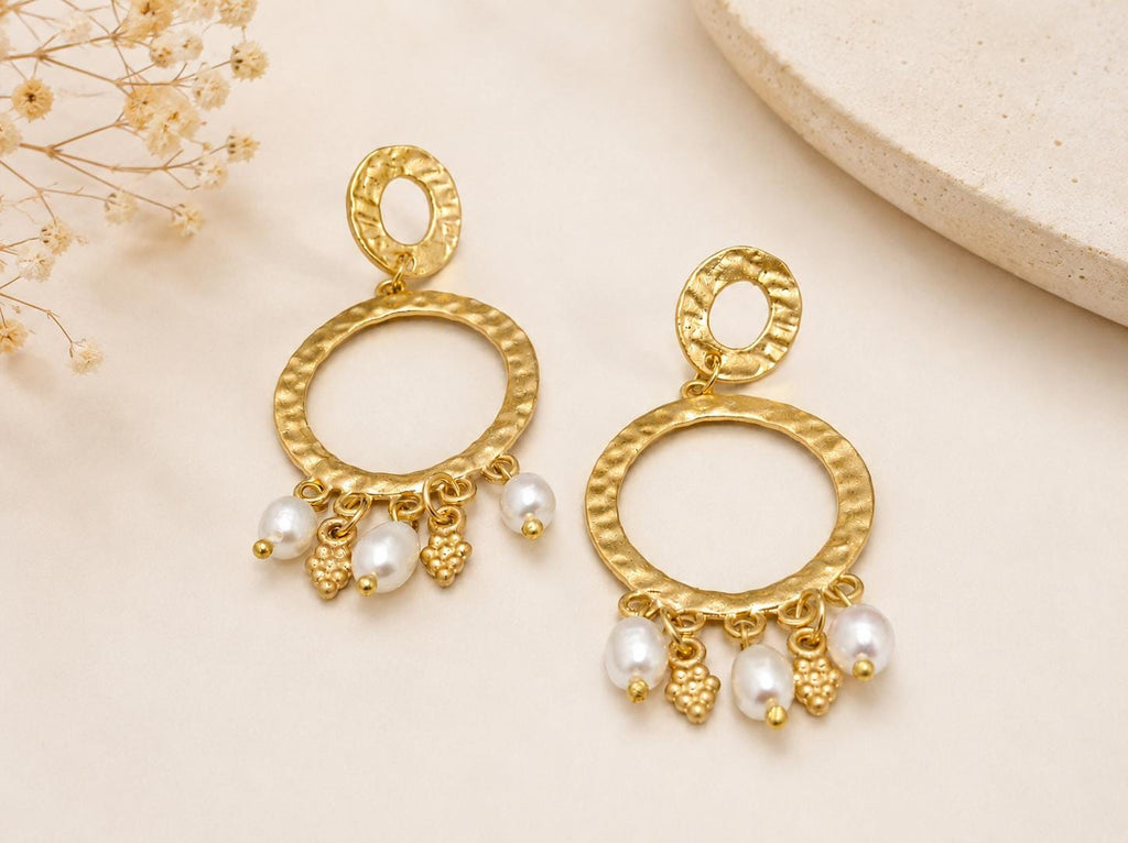Handcrafted Turkish Hoop Pearl Earrings, Gold Plated Brass Studs, Hypoallergenic Daily Wear