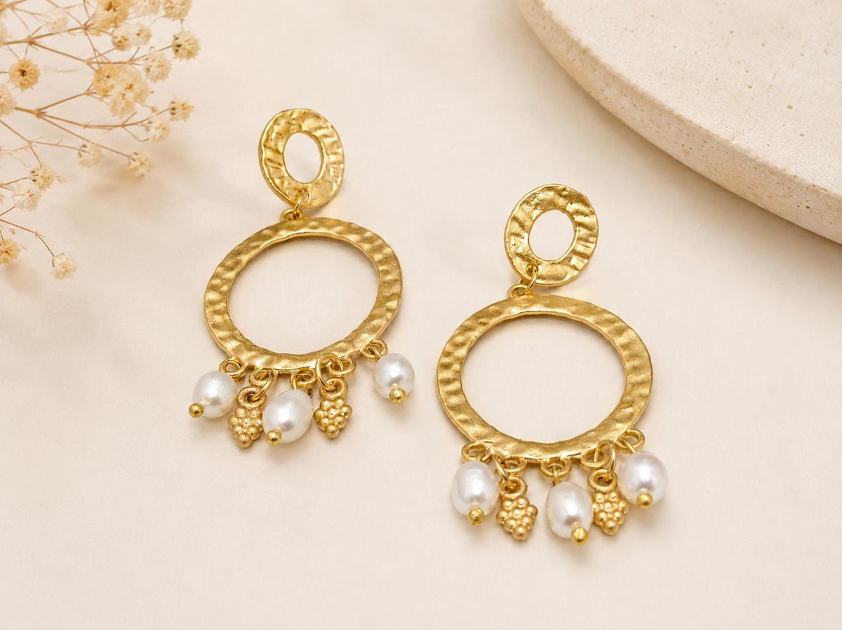 Handcrafted Turkish Hoop Pearl Earrings, Gold Plated Brass Studs, Hypoallergenic Daily Wear