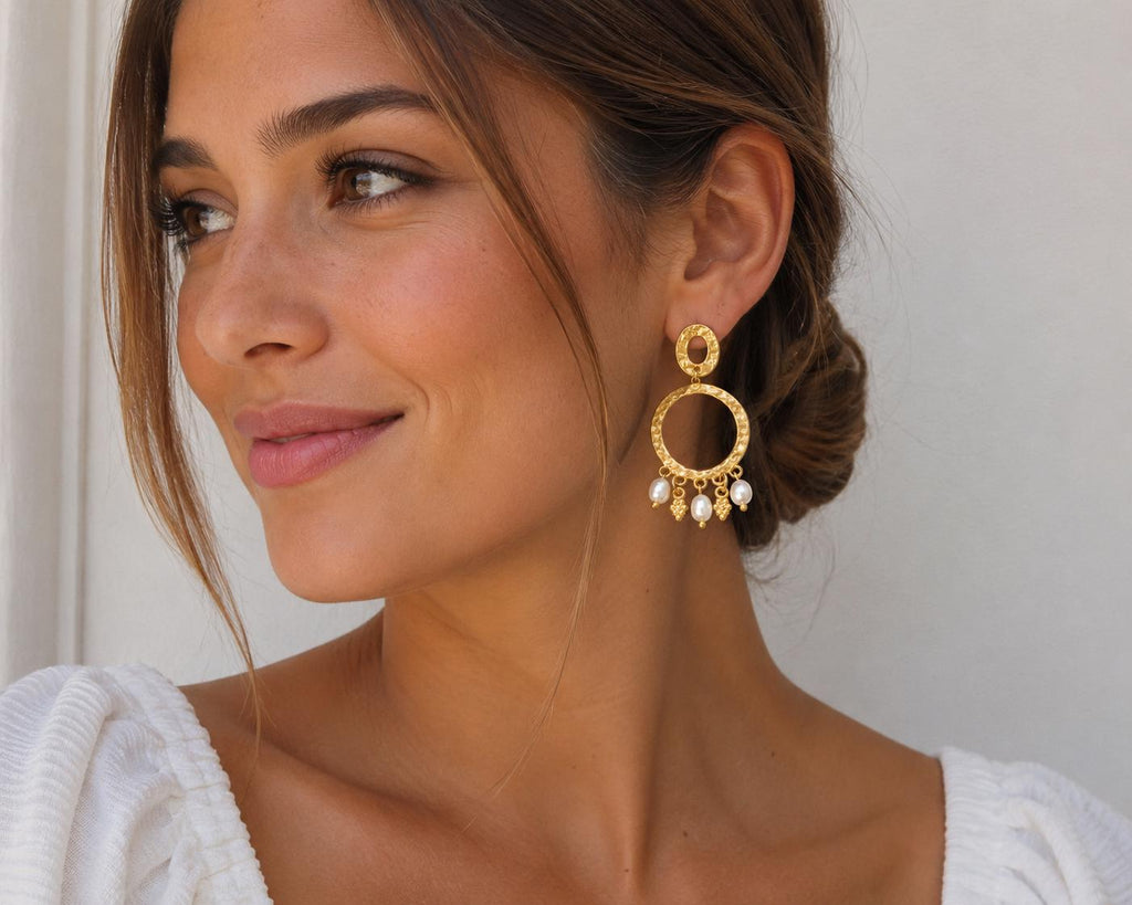 Handcrafted Turkish Hoop Pearl Earrings, Gold Plated Brass Studs, Hypoallergenic Daily Wear