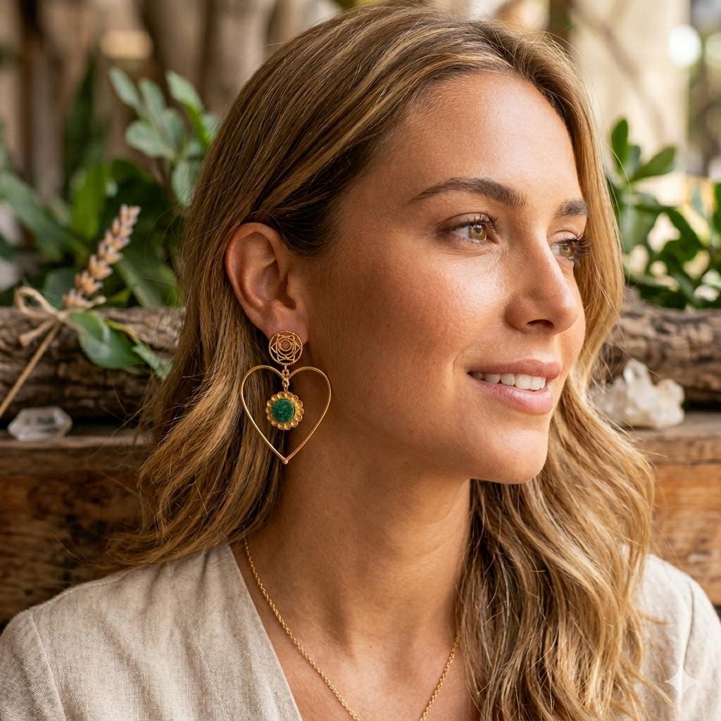 Green Druzy Heart Dangle Earrings, Gold Plated Brass, Artisan Jewelry