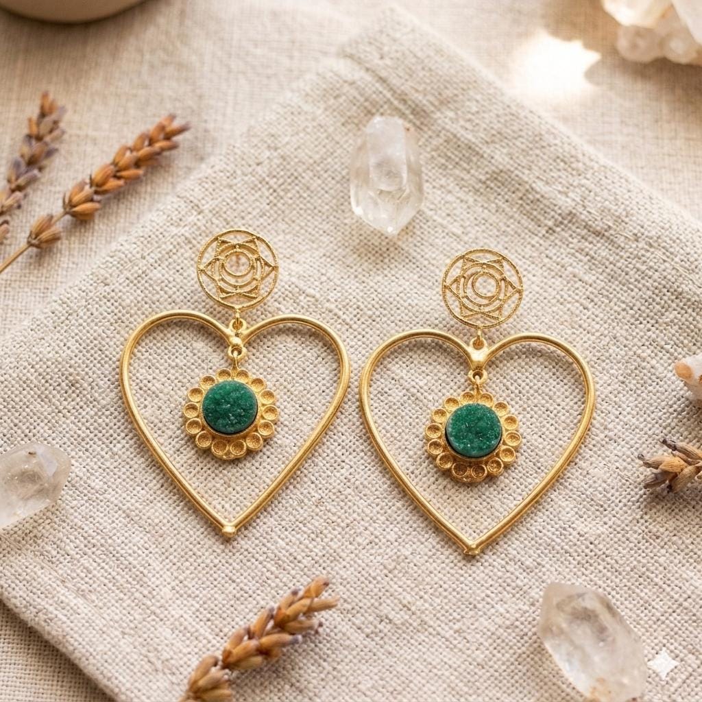 Green Druzy Heart Dangle Earrings, Gold Plated Brass, Artisan Jewelry