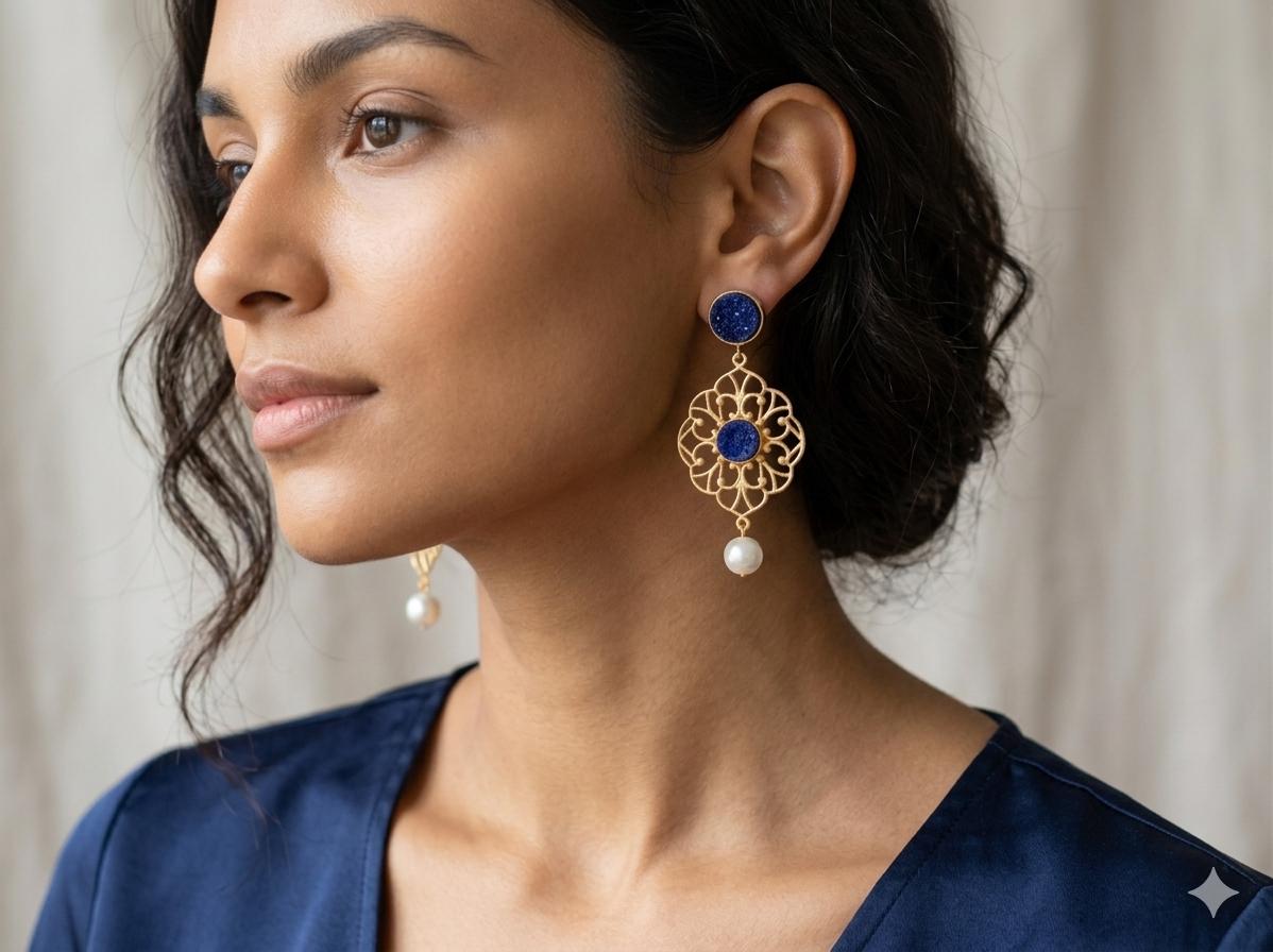 Boho Purple Druzy Chandelier Earrings with Pearl Drop – Gold Plated Filigree Statement Jewelry
