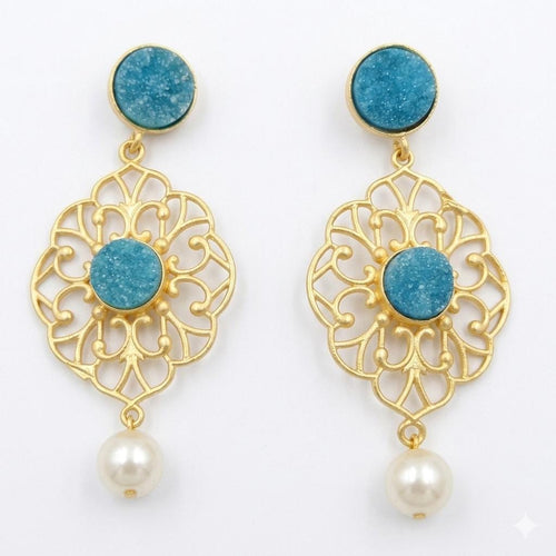 Blue Druzy Pearl Chandelier Earrings – Artisan Dangle Studs, Hypoallergenic