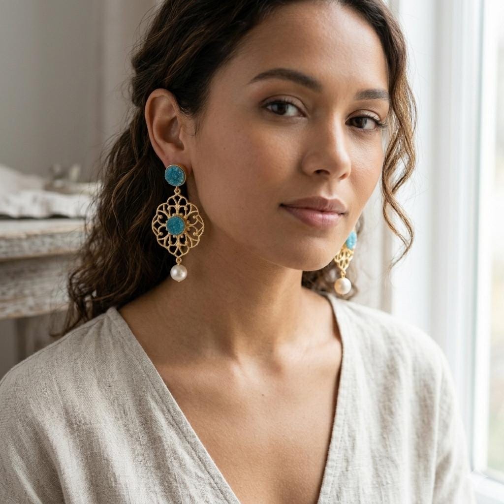 Blue Druzy Pearl Chandelier Earrings – Artisan Dangle Studs, Hypoallergenic