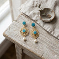 Blue Druzy Pearl Chandelier Earrings – Artisan Dangle Studs, Hypoallergenic