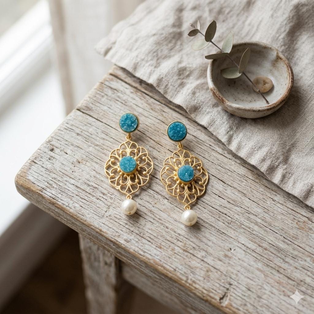 Blue Druzy Pearl Chandelier Earrings – Artisan Dangle Studs, Hypoallergenic