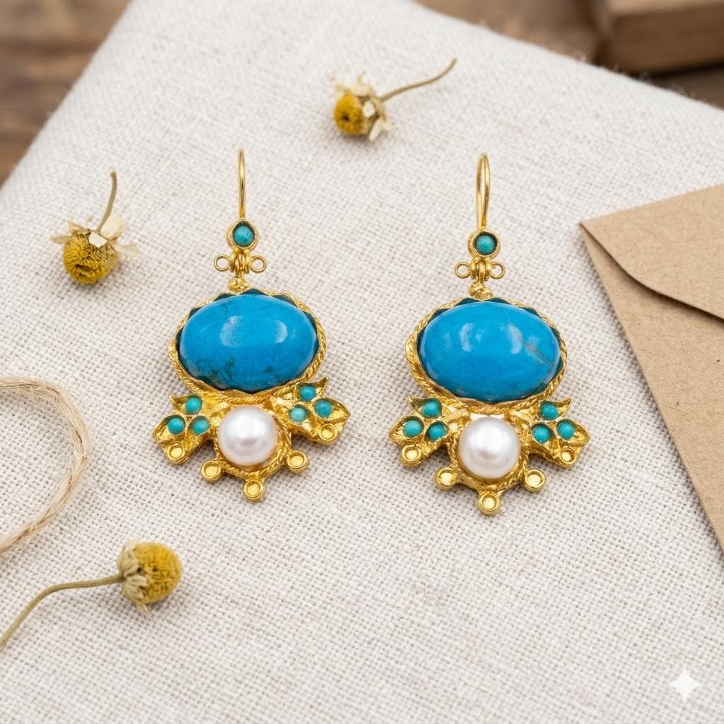 Antique Ottoman Turkish Style Chandelier Earrings – Blue Howlite, Pearl, Gold Plated Brass