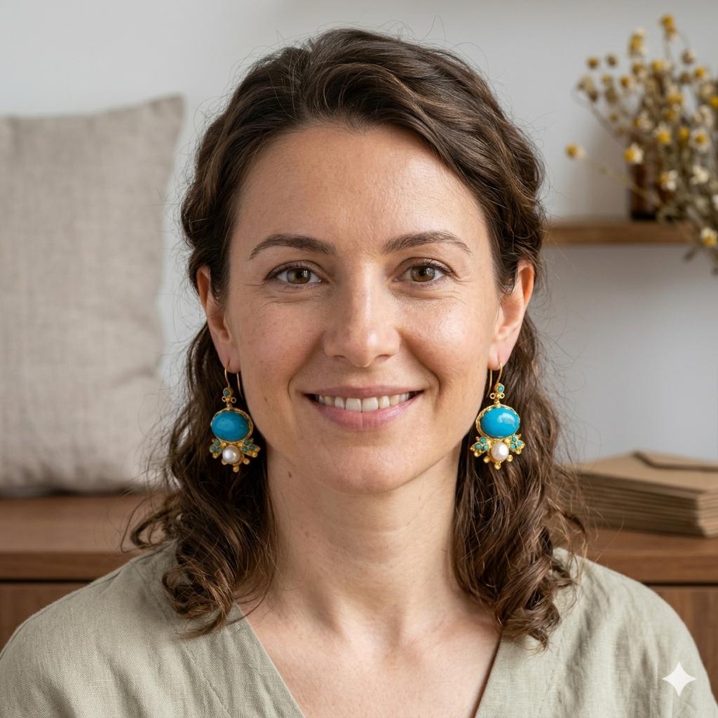 Antique Ottoman Turkish Style Chandelier Earrings – Blue Howlite, Pearl, Gold Plated Brass