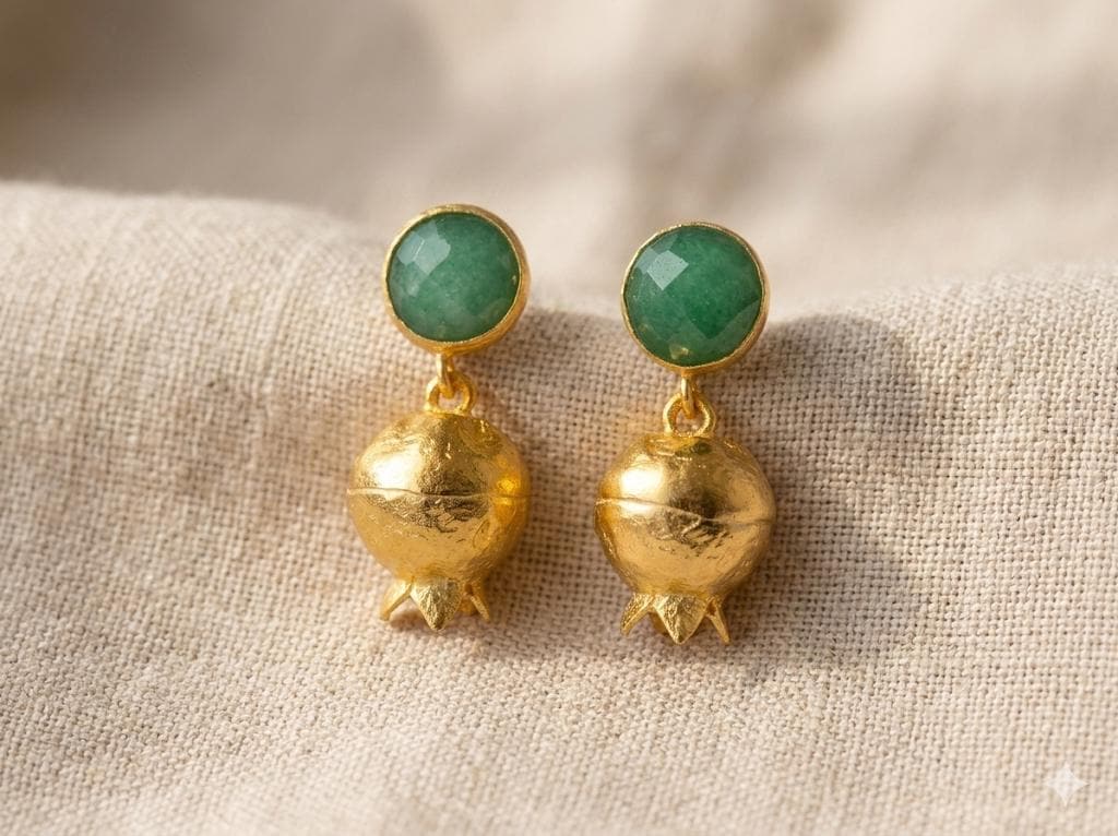 Handmade Pomegranate Earrings, Green Jade, Gold Plated Bronze, Turkish Boho Earrings