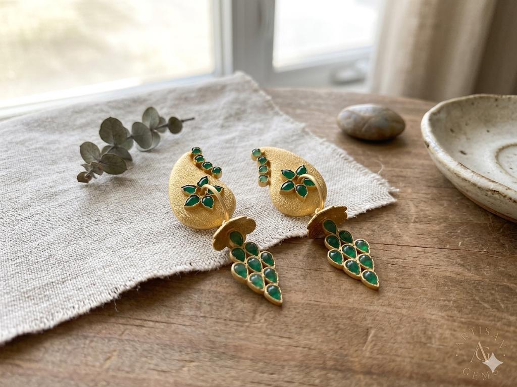 Green Agate Gold Plated Brass Dangle Earrings – Hypoallergenic Statement Jewelry