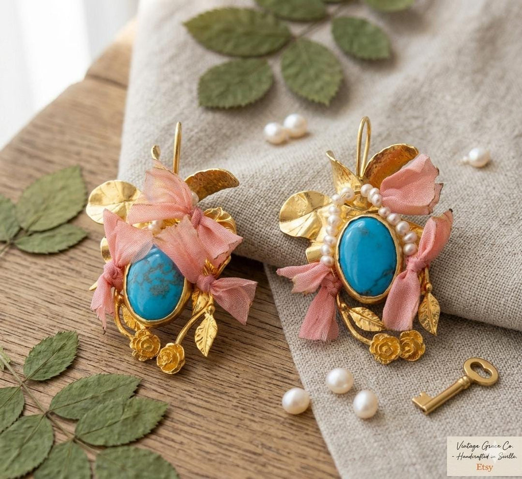 Gold Plated Brass Turquoise Pearl Earrings with Salmon Silk – Hypoallergenic Dangle Jewelry