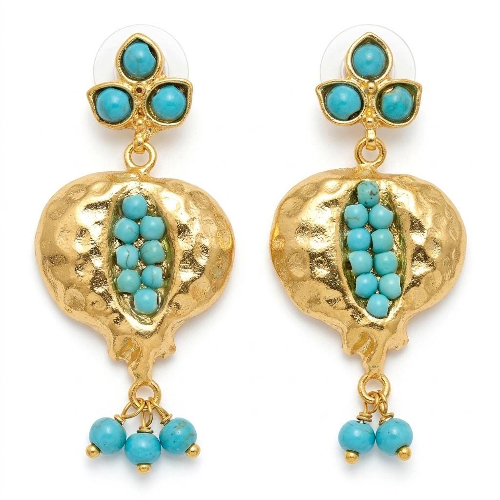 Gold Plated Pomegranate Earrings with Blue Howlite Beads