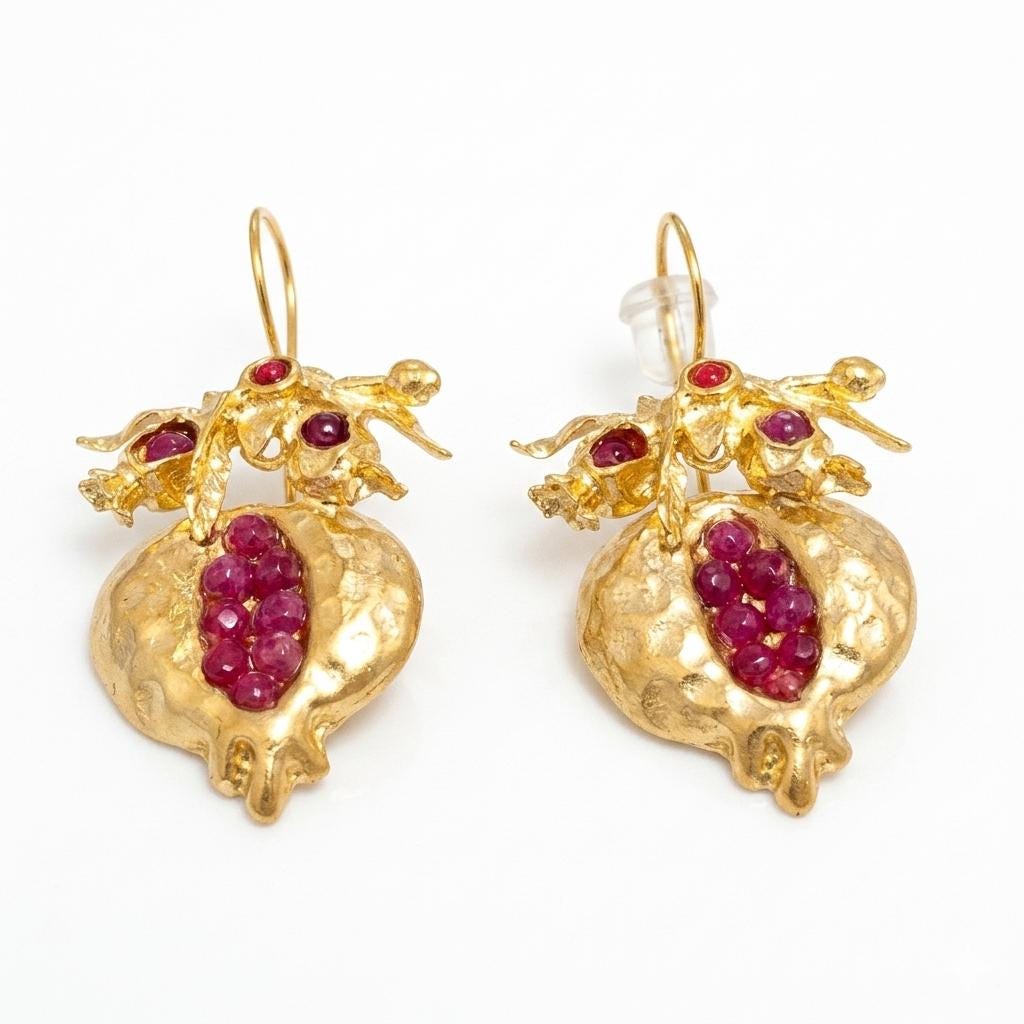 Gold Plated Pomegranate Earrings, Ruby Jade, Boho Turkish Tribal Style