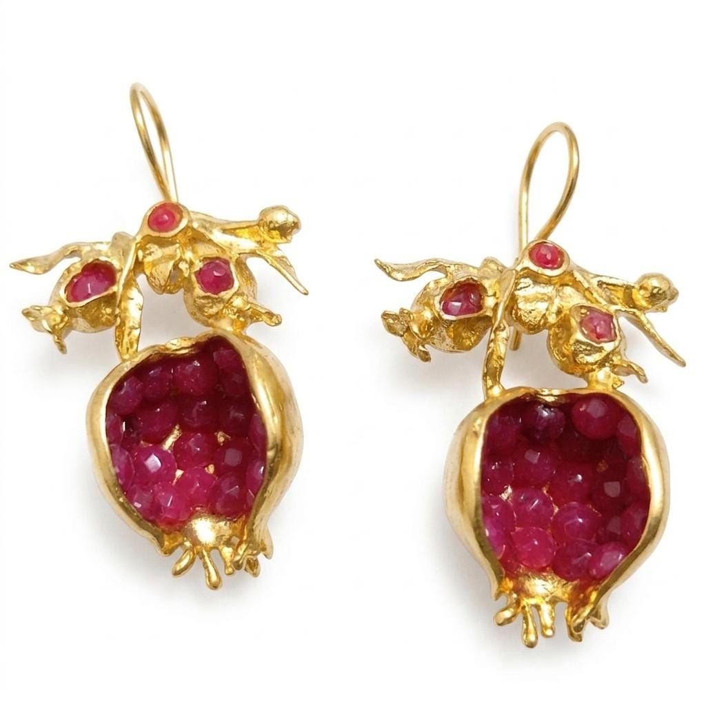 Gold Plated Ruby Jade Pomegranate Earrings, Boho Chic, Greek Mythology Inspired, Hypoallergenic