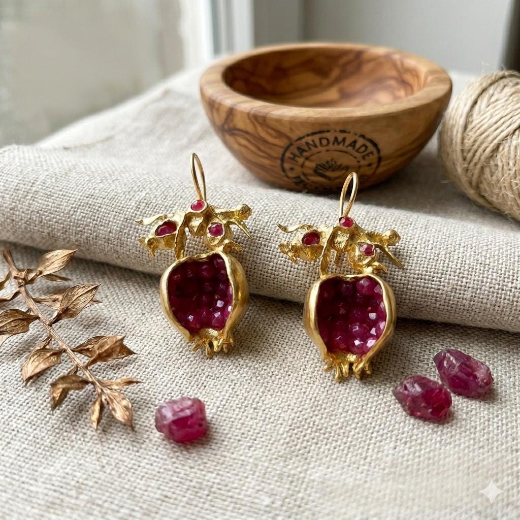 Gold Plated Ruby Jade Pomegranate Earrings, Boho Chic, Greek Mythology Inspired, Hypoallergenic