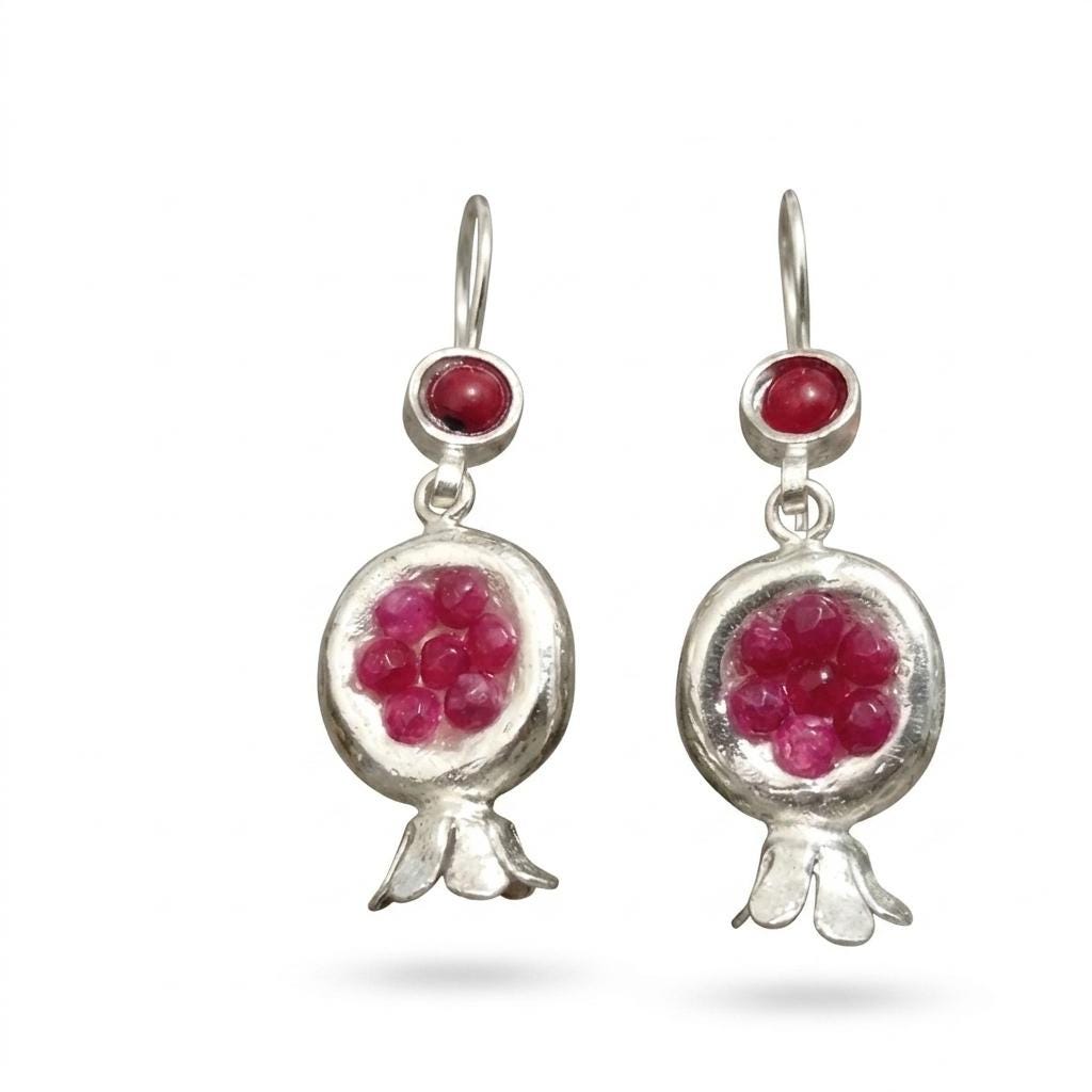 Silver Plated Pomegranate Earrings: Ruby Jade Boho Dangle Greek Mythology Symbolism