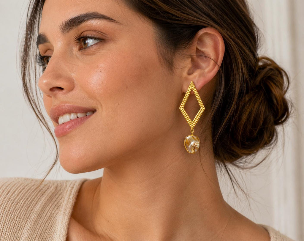 Elegant Art Deco Baroque Pearl Gold Plated Dangle Earrings - Hypoallergenic with Gift Packaging