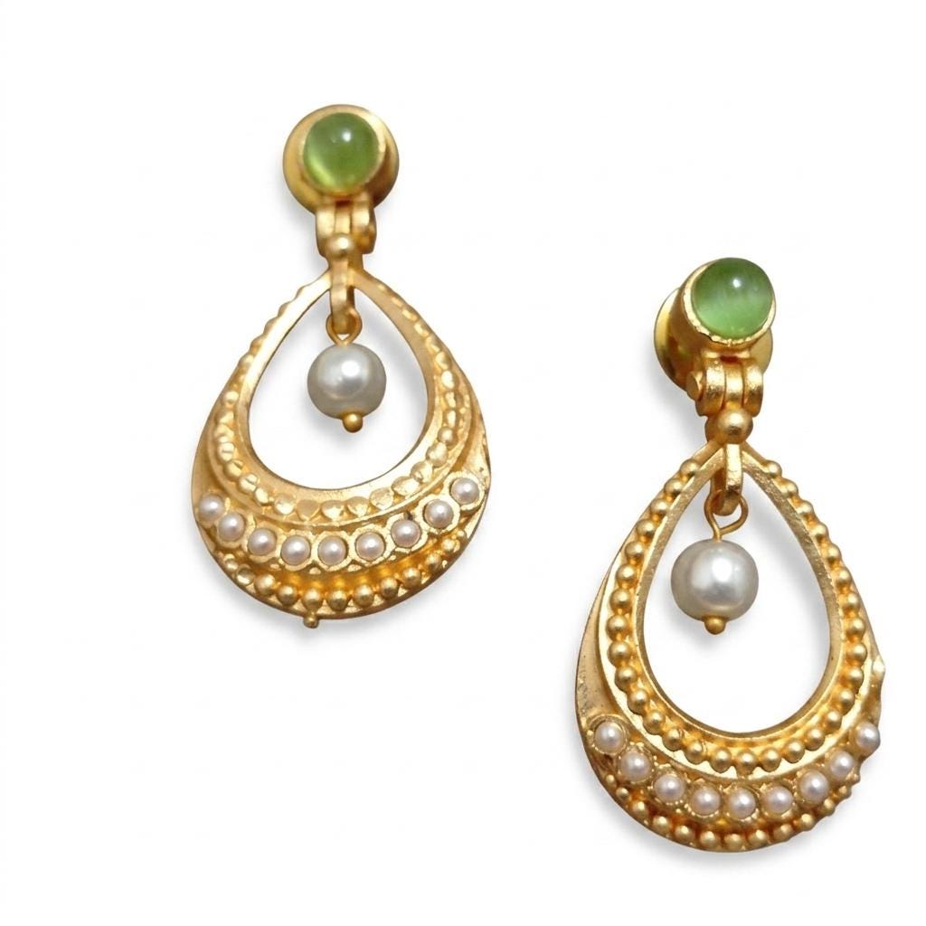 Green Agate Pearl Dangle Hoop Earrings – Gold Plated Brass, Turkish Style