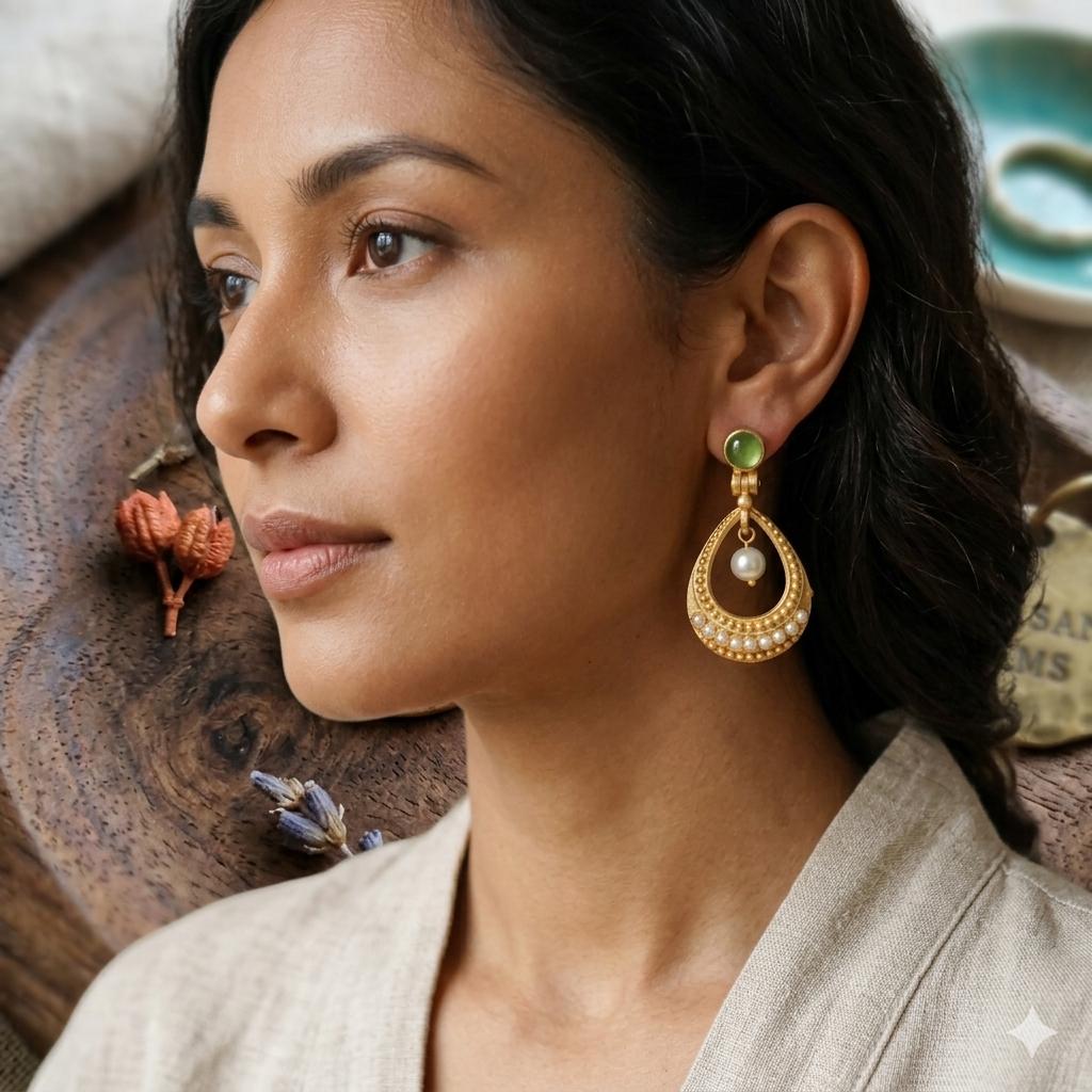 Green Agate Pearl Dangle Hoop Earrings – Gold Plated Brass, Turkish Style