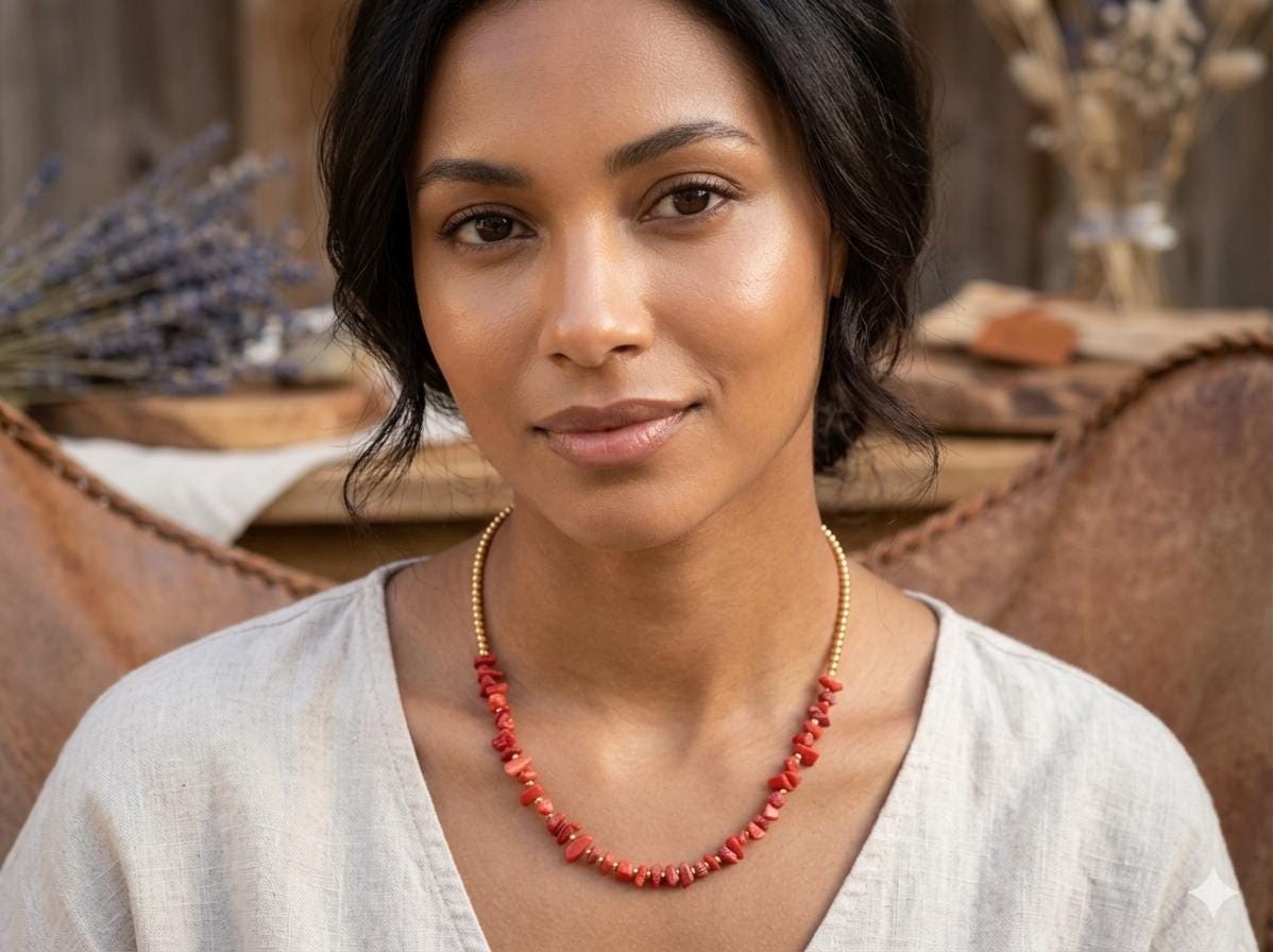 Macrame Coral Chip Necklace, Brass Beads, Adjustable Waxed Cord