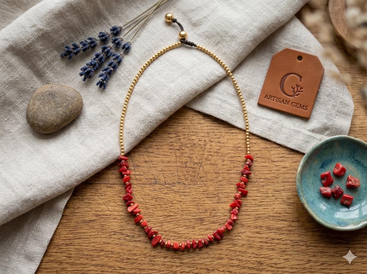 Macrame Coral Chip Necklace, Brass Beads, Adjustable Waxed Cord