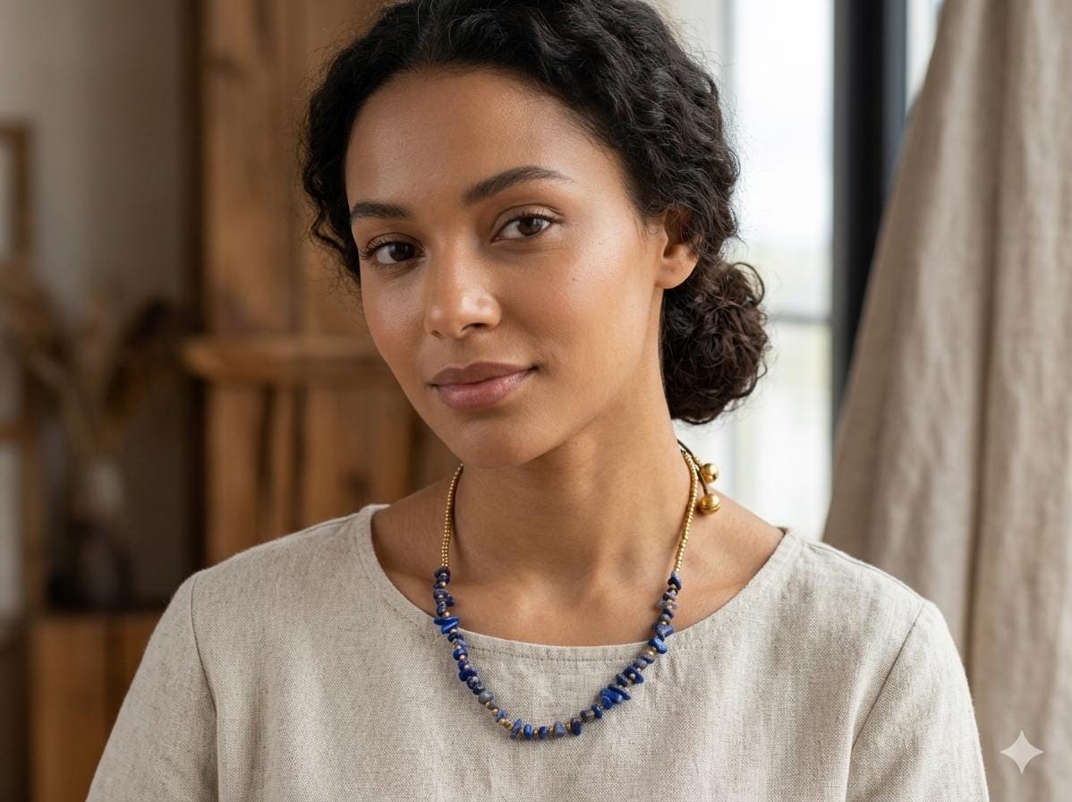 Brass Beaded Macrame Necklace with Sodalite Chips, Adjustable Gemstone Jewelry