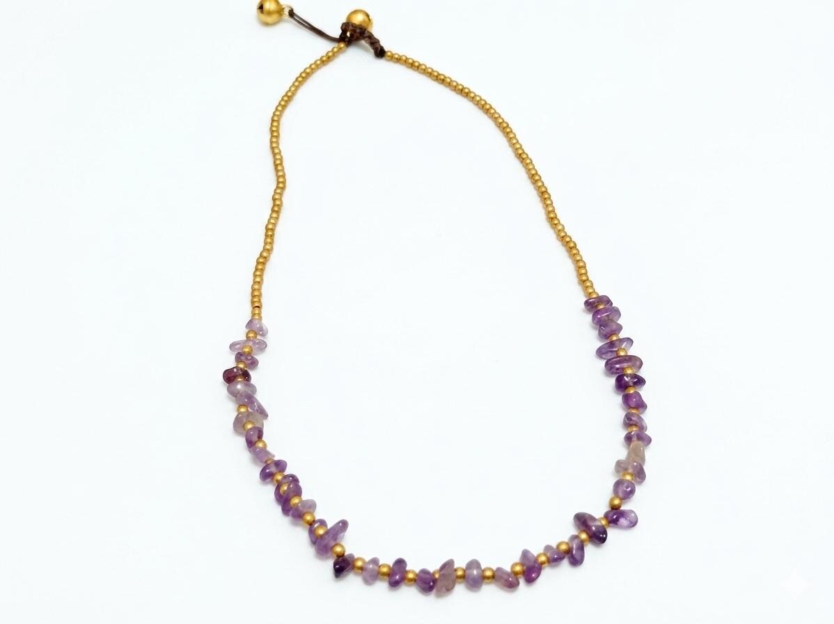 Minimalist Amethyst Brass Beaded Necklace – Adjustable Waxed Cord, Toggle Closure