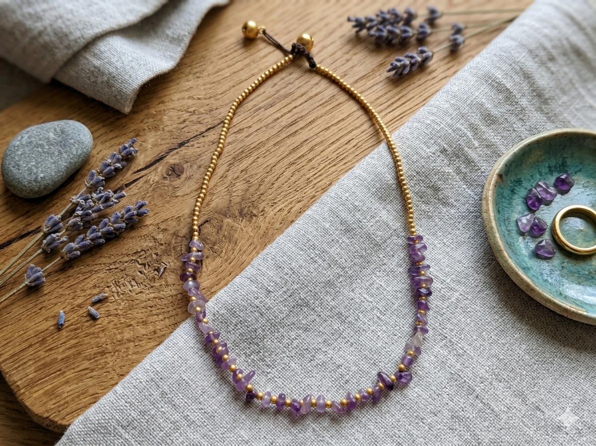Minimalist Amethyst Brass Beaded Necklace – Adjustable Waxed Cord, Toggle Closure