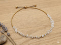 White Quartz Chip Necklace, Brass Bead Chain, Adjustable Waxed Cord