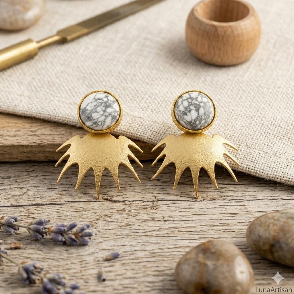 Gold Plated White Howlite Stone Earrings - Hypoallergenic Stud Earrings with Smart Gift Packaging