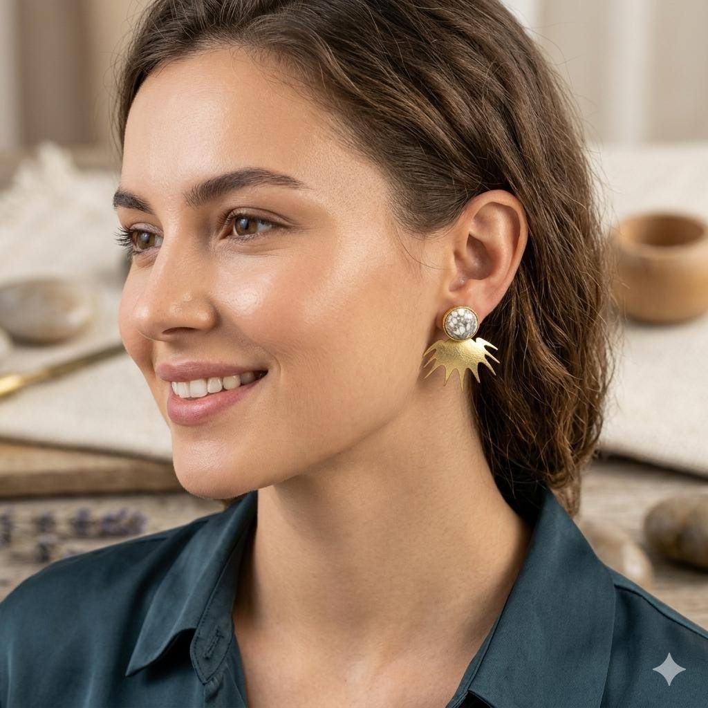 Gold Plated White Howlite Stone Earrings - Hypoallergenic Stud Earrings with Smart Gift Packaging