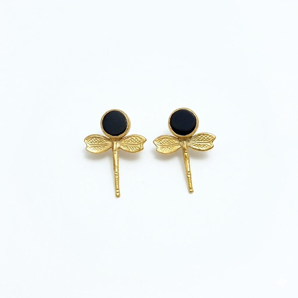 Gold Plated Dragonfly Earrings with Black Agate, Ottoman Style Brass Dangle (2.5cm Width)