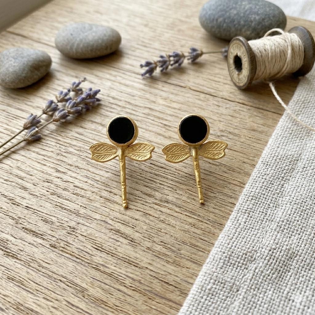 Gold Plated Dragonfly Earrings with Black Agate, Ottoman Style Brass Dangle (2.5cm Width)