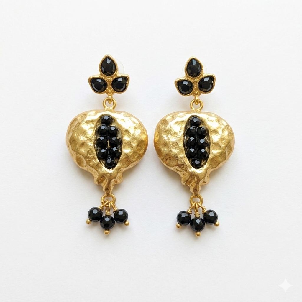 Gold Plated Pomegranate Earrings, Onyx Seeds, Turkish Boho Earrings