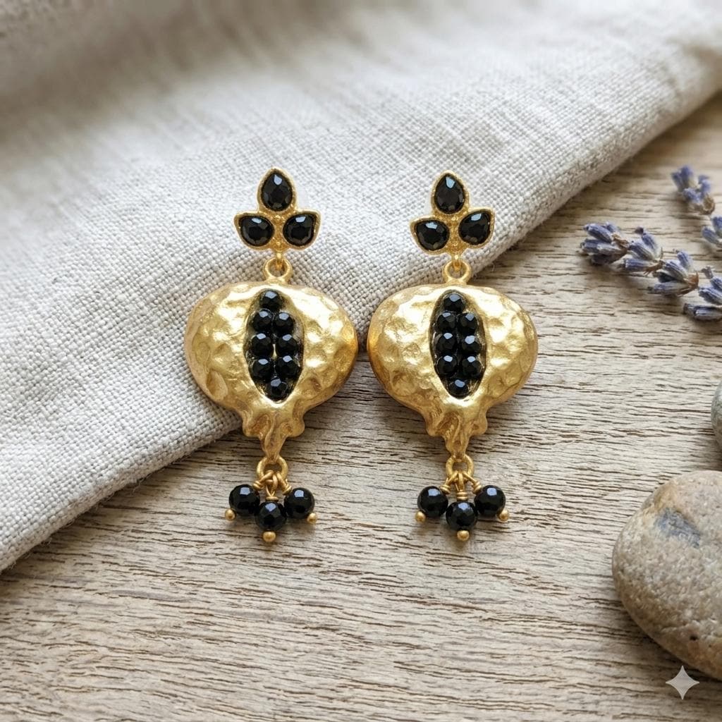Gold Plated Pomegranate Earrings, Onyx Seeds, Turkish Boho Earrings